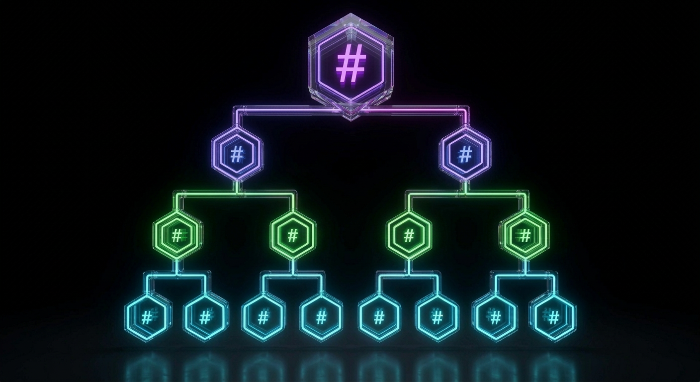 Merkle tree with glowing neon hash nodes